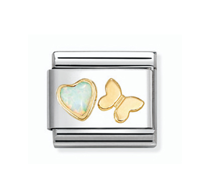 Nomination Composable Classic valkoinen opaali sydän ja perhonen pala kulta 030523/11