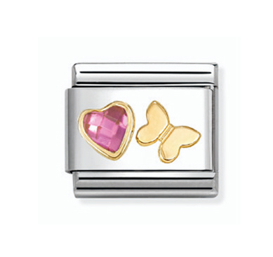 Nomination Composable Classic pinkki zirkoniasydän ja perhonen pala kulta 030613/14