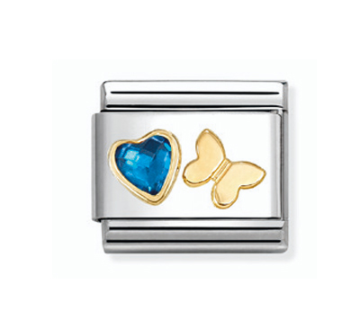 Nomination Composable Classic sininen zirkoniasydän ja perhonen pala kulta 030613/16
