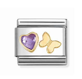 Nomination Composable Classic lila zirkoniasydän ja perhonen pala kulta 030613/13