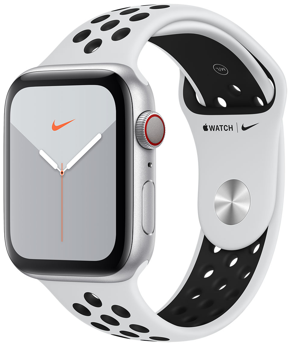 Apple Watch Nike Series GPS Cellular hopeanvärinen alumiinikuori 44mm  Pure Platinum/musta Nike urheiluranneke MX3E2KS/A