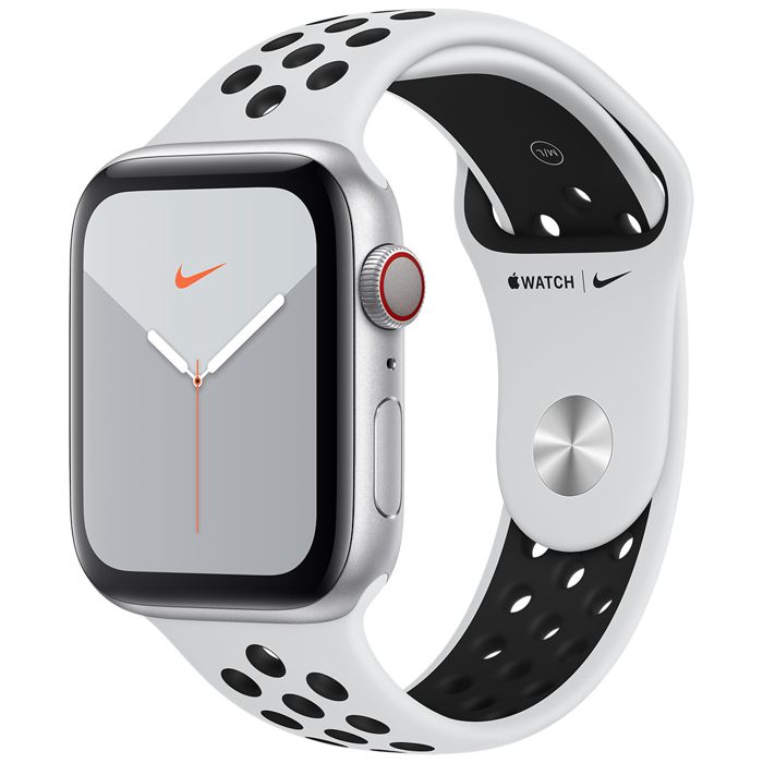 Apple Watch Nike Series GPS Cellular hopeanvärinen alumiinikuori 44mm Pure Platinum/musta Nike urheiluranneke MX3E2KS/A
