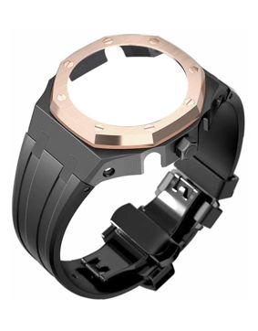 Tiera Casio GA-2100 custom mod kit musta silikoniranneke + rose gold teräskehä
