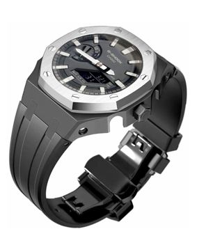 Tiera Casio GA-2100 custom mod kit musta silikoniranneke + hopeanvärinen teräskehä