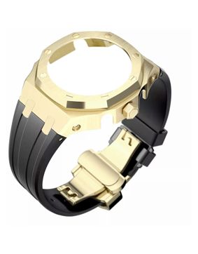 Tiera Casio GA-2100 custom mod kit musta silikoniranneke + kullanvärinen runko