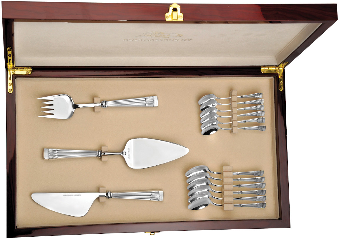 Tähkä kahvipöydän aterimet 15-osaa pianolakatussa laatikossa