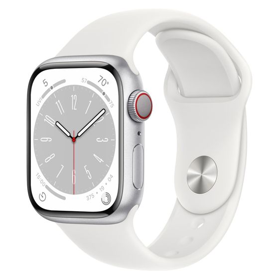 Apple Watch Series 8 GPS + Cellular hopeanvärinen alumiinikuori 41 mm valkoinen urheiluranneke MP4A3KS/A