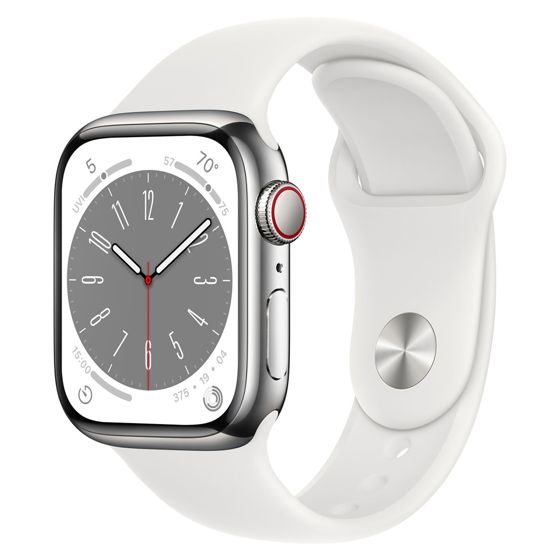 Apple Watch Series 8 GPS + Cellular hopeanvärinen ruostumaton teräskuori 45 mm valkoinen urheiluranneke MNKE3KS/A