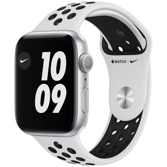 Apple Watch Nike Series 6 GPS hopeanvärinen alumiinikuori 44 mm Pure  Platinum/musta Nike urheiluranneke MG293KS/A - Keskisen Kello Oy
