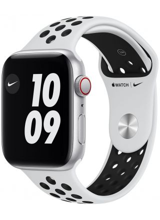 Apple Watch Nike SE GPS + Cellular hopeanvärinen alumiinikuori 44 mm Pure Platinum/musta Nike urheiluranneke MKT63KS/A