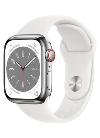 Apple Watch Series 8 GPS + Cellular hopeanvärinen ruostumaton teräskuori 45 mm valkoinen urheiluranneke MNKE3KS/A