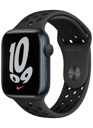 Apple Watch Nike Series 7 GPS keskiyönsininen alumiinikuori 45 mm antrasiitti/musta Nike urheiluranneke MKNC3KS/A