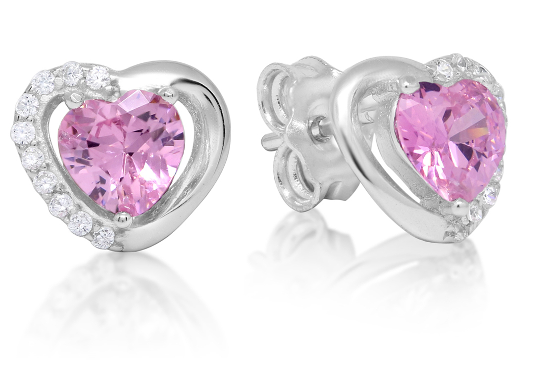 Hopeakorvakorut sydän zirkonia vaaleanpunainen E-1493Zpink