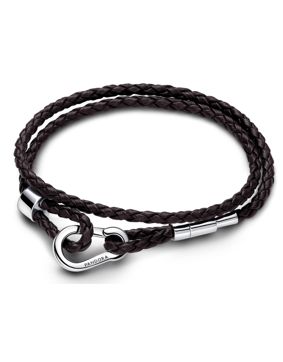 Pandora Moments ruskea nahkarannekoru hopealukolla 593338C01-D2