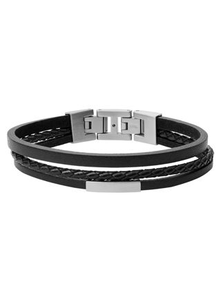 Fossil rannekoru Multi-Strand Silver-Tone Steel and Black Leather Bracelet JF03322040