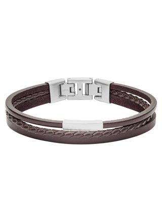 Fossil rannekoru Multi-Strand Silver-Tone Steel and Brown Leather Bracelet JF03323040