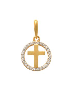Lykken Crosses kultainen pyöreä ristiriipus zirkonioilla 9.5 mm