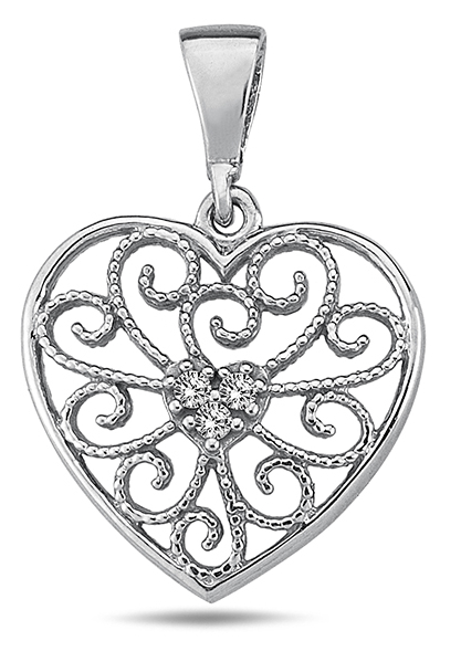 Lykka Hearts hopeinen sydänriipus filigraani zirkonioilla