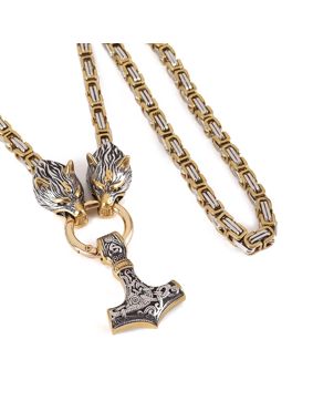 Lykka Viking Mjölnir ja Geri ja Freki kulta-hopea teräskaulakoru 60 cm