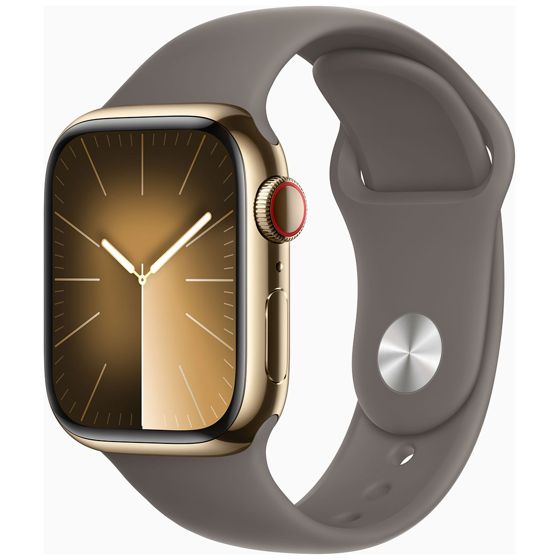 Apple Watch Series 9 GPS + Cellular savenruskea ruostumaton teräskuori 41mm Clay Sport-ranneke - koko S/M MRJ53KS/A