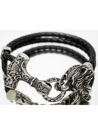 Northern Viking Jewelry Thors Hammer Wolf rannekoru NVJRA013