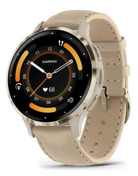 Garmin Venu 3S pehmeän kullanvärinen kehä, viileänharmaa runko ja nahkaranneke 010-02785-55
