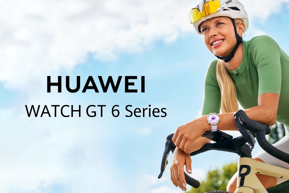 Huawei Watch GT6 -älykello polkupyörän selässä istuvan naisen ranteessa.