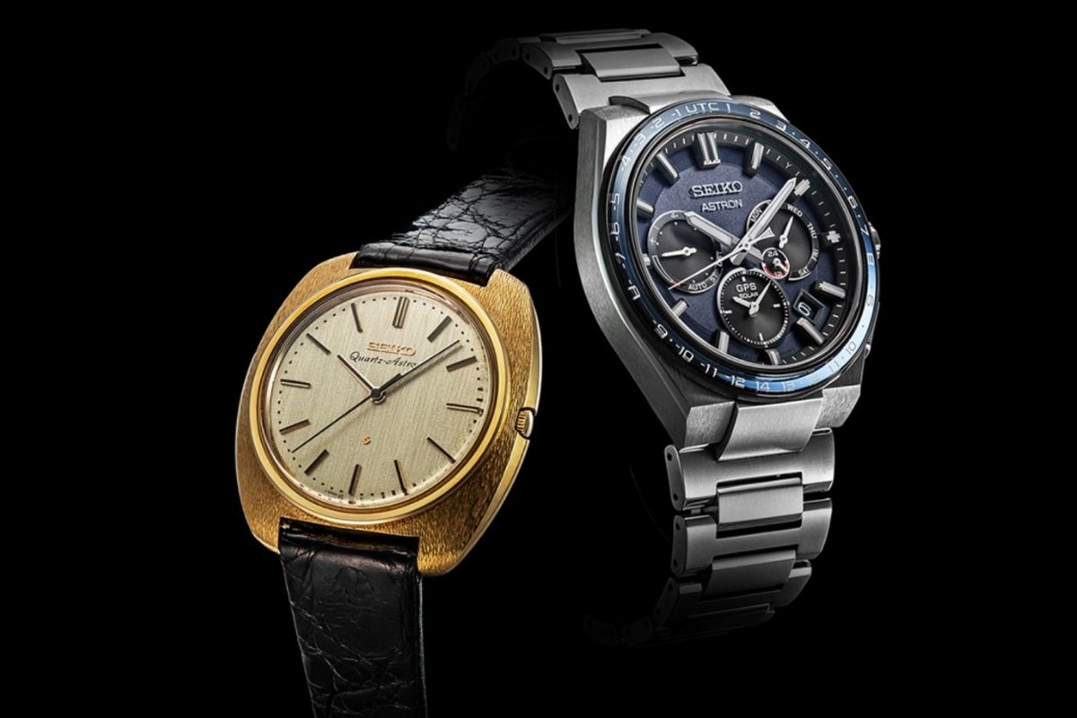 Kuvassa ensimmäinen Seiko Astron kello ja myös vuoden 2024 julkaistu uutuus Astron-mallistoon