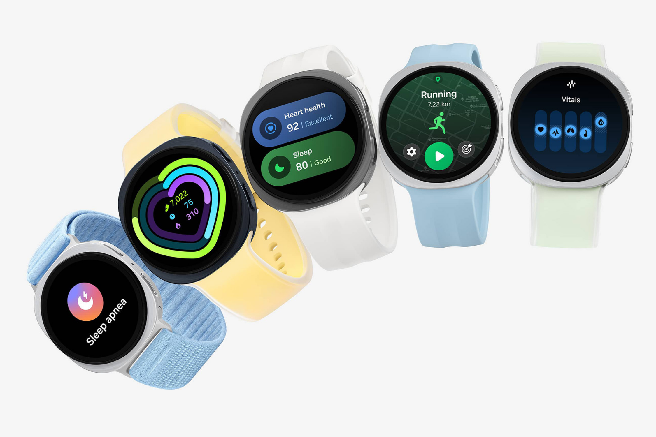 Samsung Galaxy Watch9 kelloja eri rannekeväreillä rinnakkain, vasemmalta oikealle turkoosi, keltainen, valkoinen, sininen ja vihreä