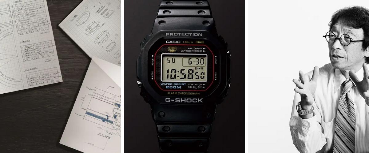 Kuvassa Casio G-shock DW-5000C sekä malliston kehittäjä Kikuo Ibe