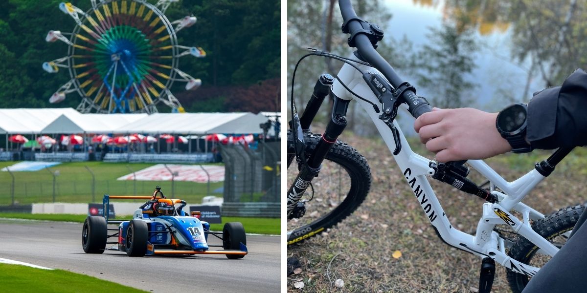 Split kuva jossa vasemmalla Vilho ajamassa ralliautoa ja toisessa pyörälenkiltä kuva missä näkyy myös Polar kello ranteessa