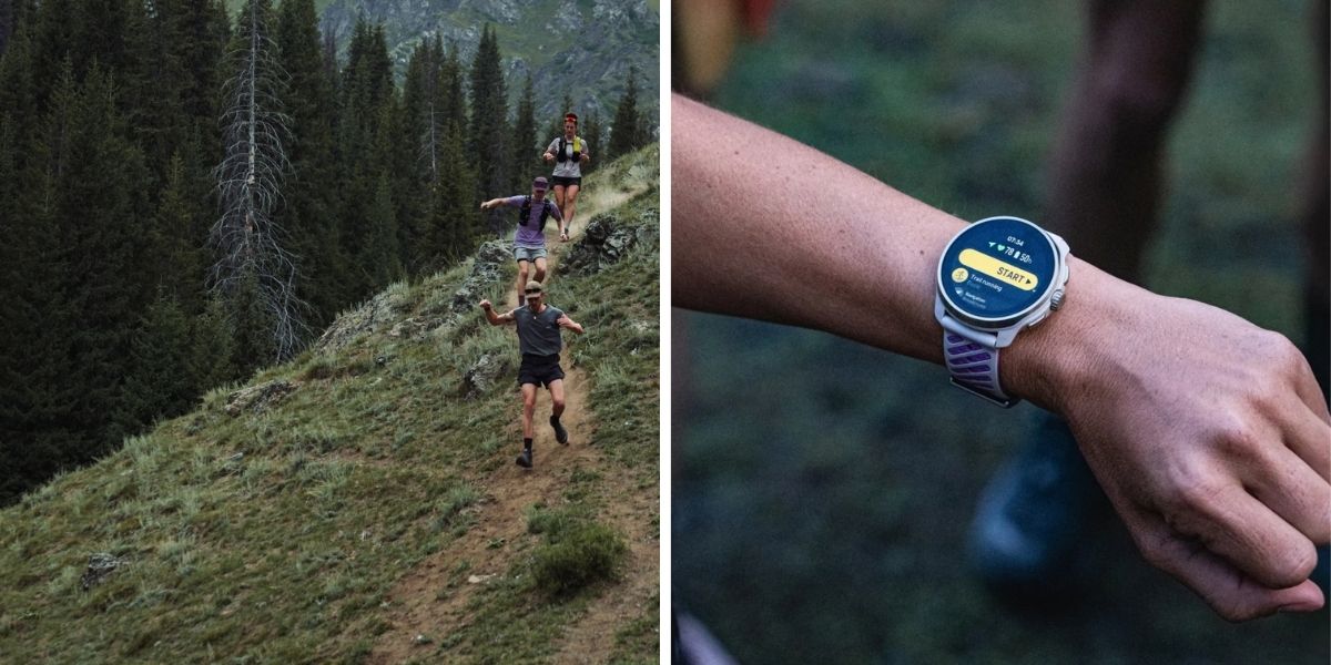 Kollaasi kahdesta kuvasta, joista toisessä näkyy uusi Suunto Race 3S -urheilukello, ja toisessa kuvassa kolme henkilöä polkujuoksemassa.