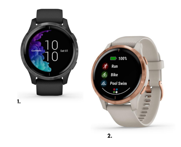 Garmin Venu Black and Slate ja Garmin Venu Light Sand