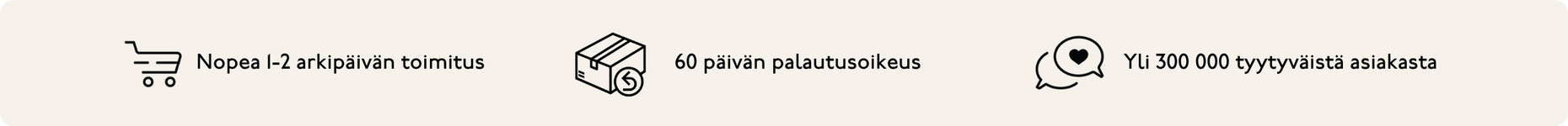 Nopea 1-2 arkipäivän toimitus, 60 päivän palautusoikeus, yli 300 000 tyytyväistä asiakasta