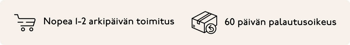 Nopea 1-2 arkipäivän toimitus, 60 päivän palautusoikeus