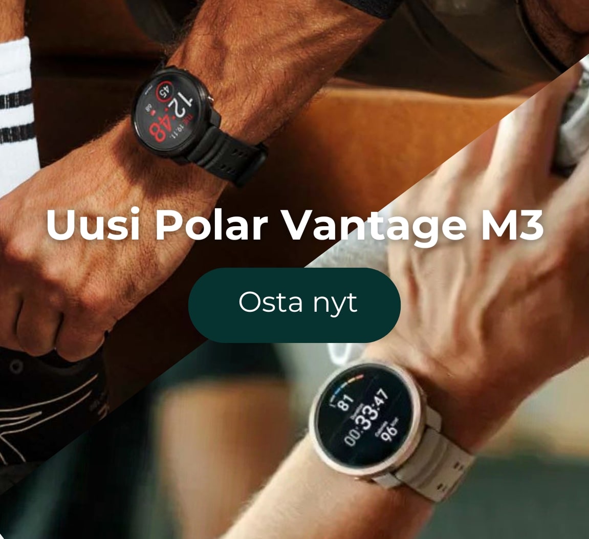 Polar Vantage M3 urheilukello kenkiään kiinni sitovan miehen ranteessa