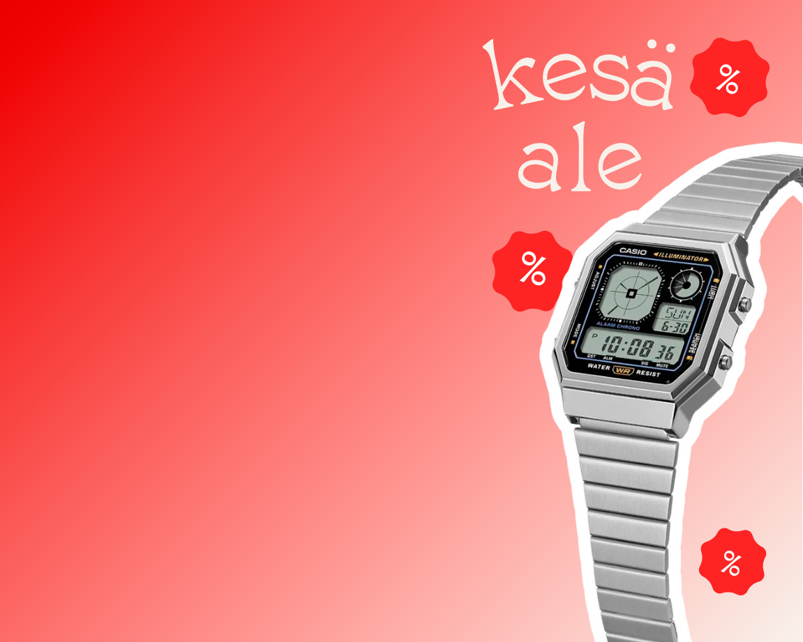 Casio-rannekello kesäale-kampanjassa, punainen tausta ja alennusprosentit korostavat tarjousta.