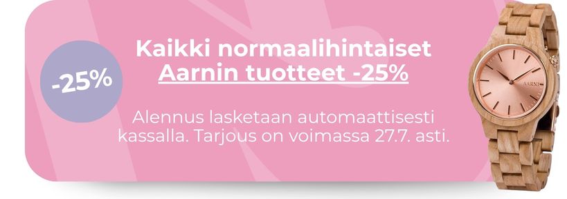 Aarni tuotteista nyt -25%. Alennus lasketaan automaattisesti kassalla.